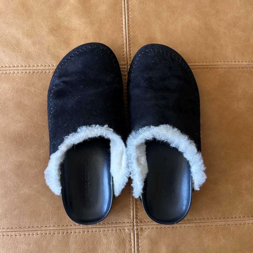 Black Suede Slippers with White Fur Lining